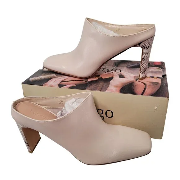 COUTGO Women's Square Toe Mules Snakeskin High Heel Ankle Boots Beige Size 10 - Picture 2 of 11